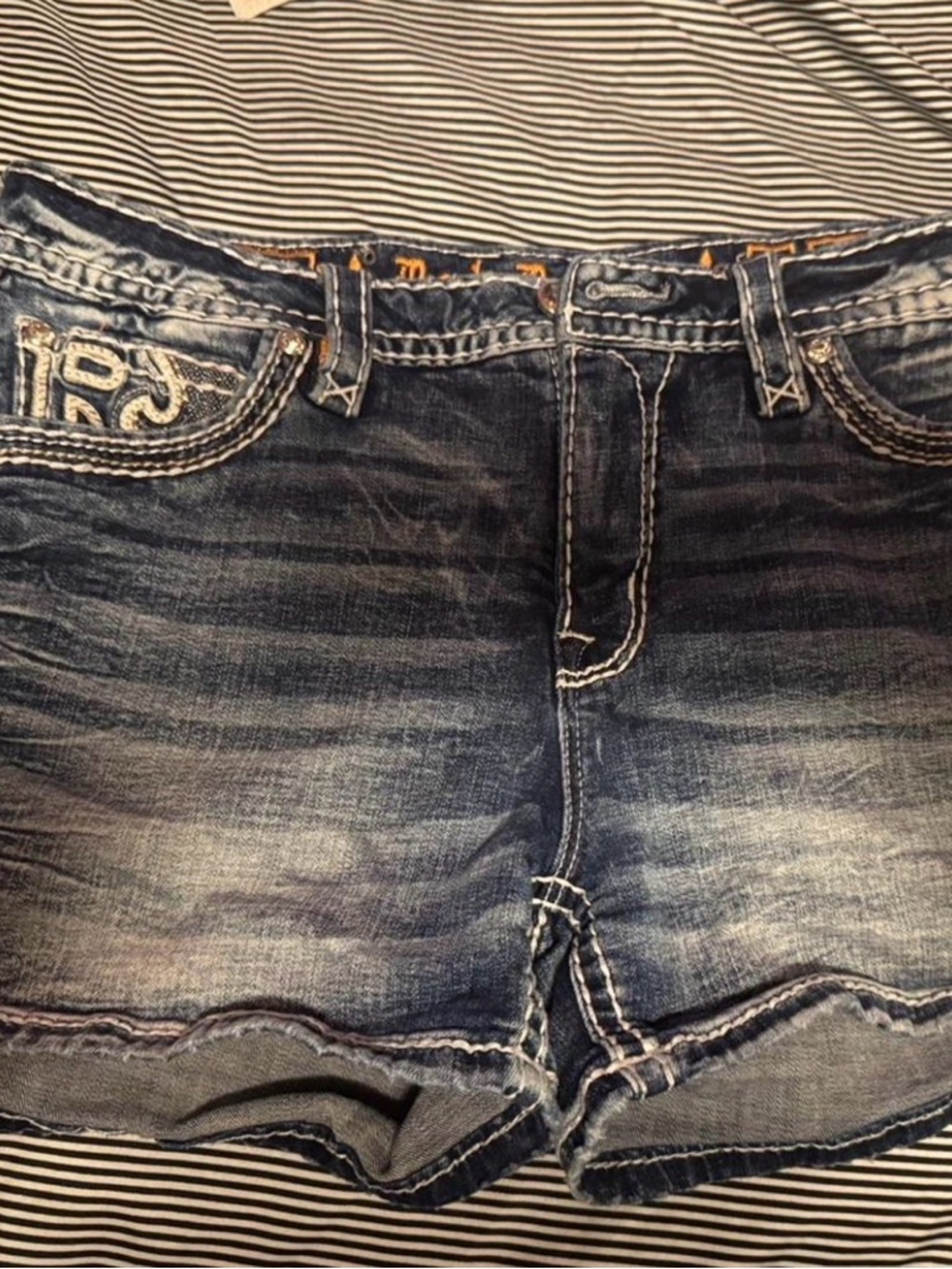Rock Revival Dark Blue Denim Jeans with Gold Embroidered Waistband